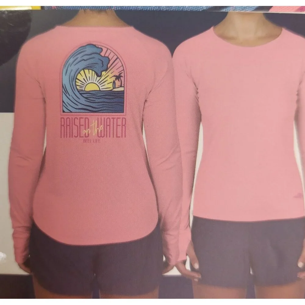 Reel Life Womens Jax Beach Long Sleeve UV Shirt "Raised By Water" M Salmon Rose - Picture 2 of 7